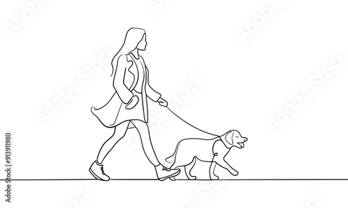 Girl walking with dog continuous line art drawing isolated on white background. Friend line art drawing. Vector illustration