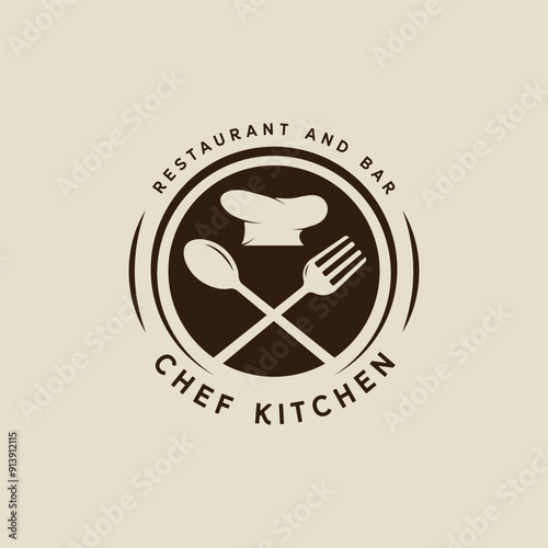 hat chef fork and spoon logo vintage vector illustration template icon graphic design, kitchen and restaurant sign or symbol for cafeteria business food with circle badge and retro typography