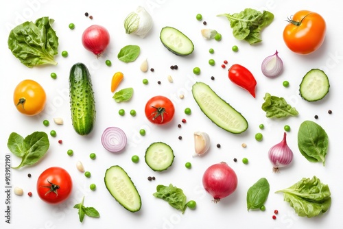 Wallpaper Mural Creative layout made of summer vegetables. Food concept. Tomatoes, onion, cucumber, green peas, garlic, cabbage, chilly pepper, yellow pepper, salad leaves and radish on white background , ai Torontodigital.ca