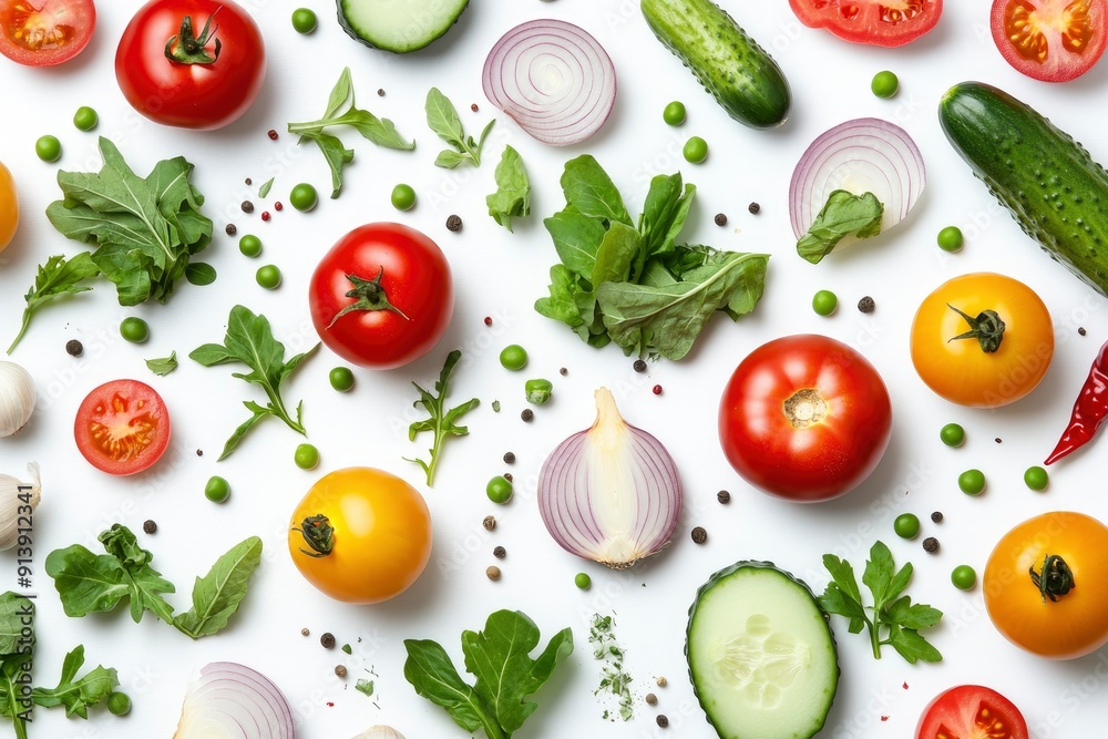 Creative layout made of summer vegetables. Food concept. Tomatoes, onion, cucumber, green peas, garlic, cabbage, chilly pepper, yellow pepper, salad leaves and radish on white background , ai Creative layout made of summer vegetables. Food concept. Tomatoes, onion, cucumber, green peas, garlic, cabbage, chilly pepper, yellow pepper, salad leaves and radish on white background , ai