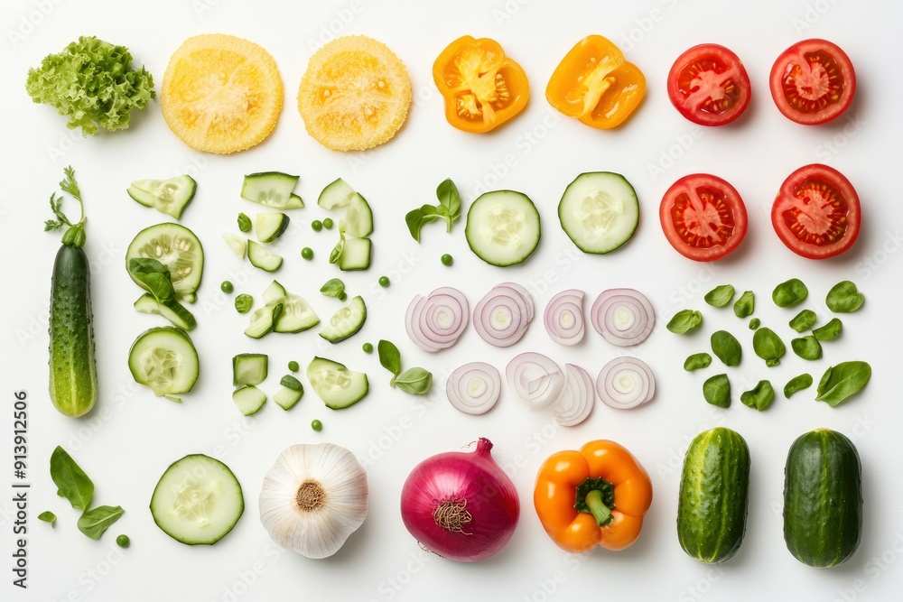 Creative layout made of summer vegetables. Food concept. Tomatoes, onion, cucumber, green peas, garlic, cabbage, chilly pepper, yellow pepper, salad leaves and radish on white background , ai Creative layout made of summer vegetables. Food concept. Tomatoes, onion, cucumber, green peas, garlic, cabbage, chilly pepper, yellow pepper, salad leaves and radish on white background , ai