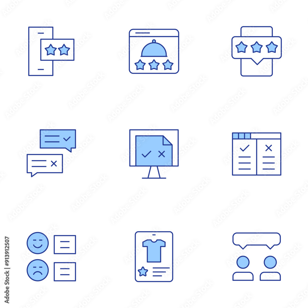 Feedback icons set. Line Duotone style, editable stroke. restaurant, satisfaction, feedback, smartphone, computer, rating, positive review, testimony Feedback icons set. Line Duotone style, editable stroke. restaurant, satisfaction, feedback, smartphone, computer, rating, positive review, testimony