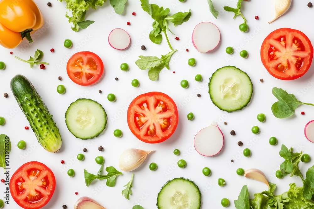 Creative layout made of summer vegetables. Food concept. Tomatoes, onion, cucumber, green peas, garlic, cabbage, chilly pepper, yellow pepper, salad leaves and radish on white background , ai Creative layout made of summer vegetables. Food concept. Tomatoes, onion, cucumber, green peas, garlic, cabbage, chilly pepper, yellow pepper, salad leaves and radish on white background , ai