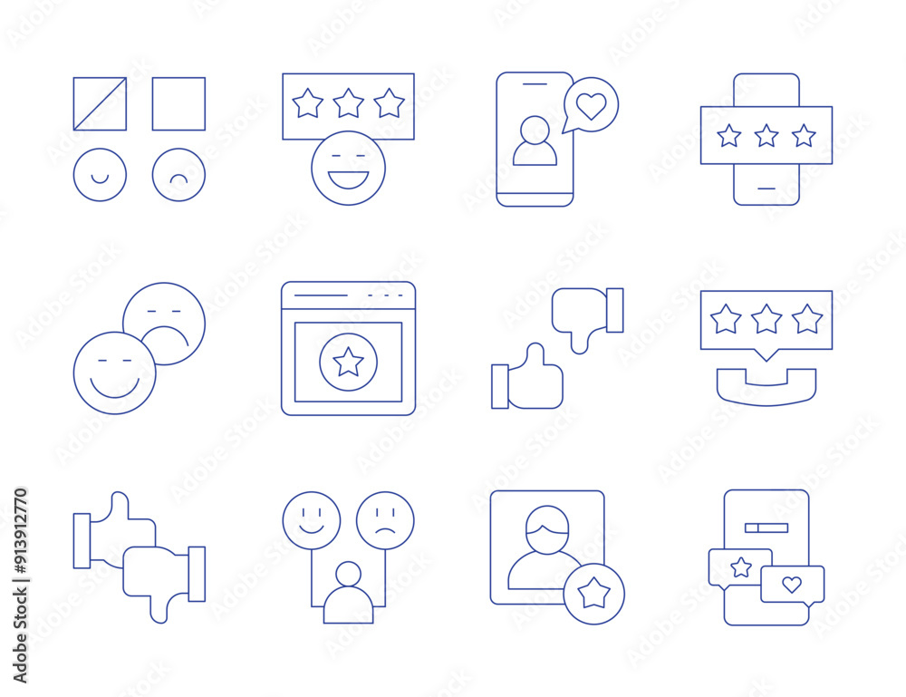 Feedback icons. Thin Line style, editable stroke. best employee, feedback, review, evaluation, like, good review, rating, customer behavior, chat Feedback icons. Thin Line style, editable stroke. best employee, feedback, review, evaluation, like, good review, rating, customer behavior, chat
