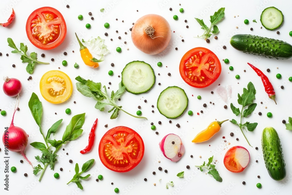 Creative layout made of summer vegetables. Food concept. Tomatoes, onion, cucumber, green peas, garlic, cabbage, chilly pepper, yellow pepper, salad leaves and radish on white background , ai