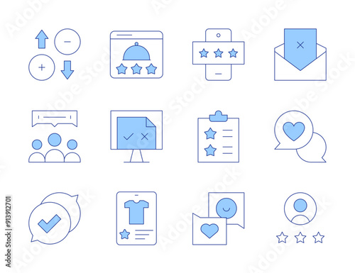 Feedback icons. Line Duotone style, editable stroke. restaurant, bad review, review, feedback, computer, checklist, positive review, customer satisfaction, rating