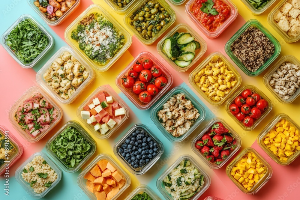 Many containers with delicious food on color background , ai Many containers with delicious food on color background , ai
