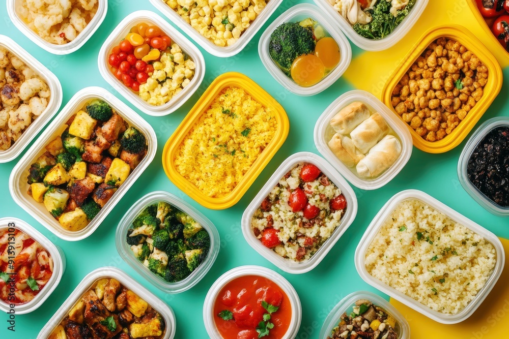 Many containers with delicious food on color background , ai Many containers with delicious food on color background , ai