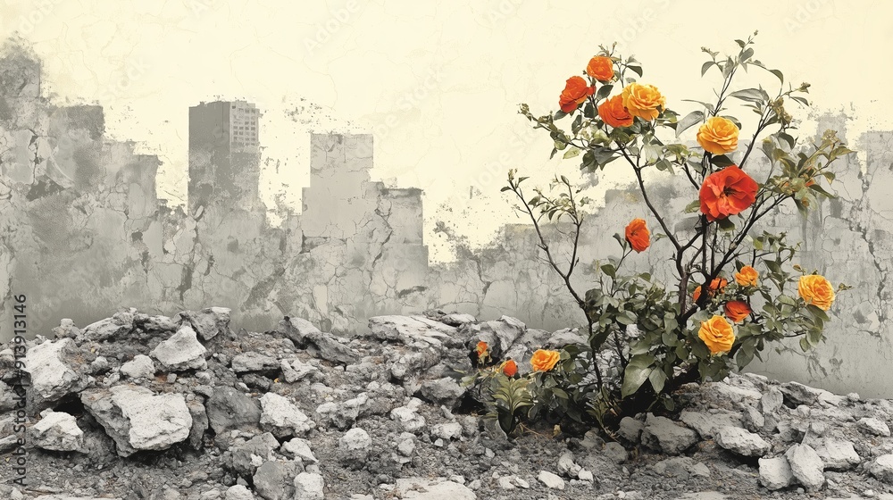 a scene of resilience and hope, where vibrant red and yellow roses bloom amidst the rubble of a crumbling urban landscape. a scene of resilience and hope, where vibrant red and yellow roses bloom amidst the rubble of a crumbling urban landscape.