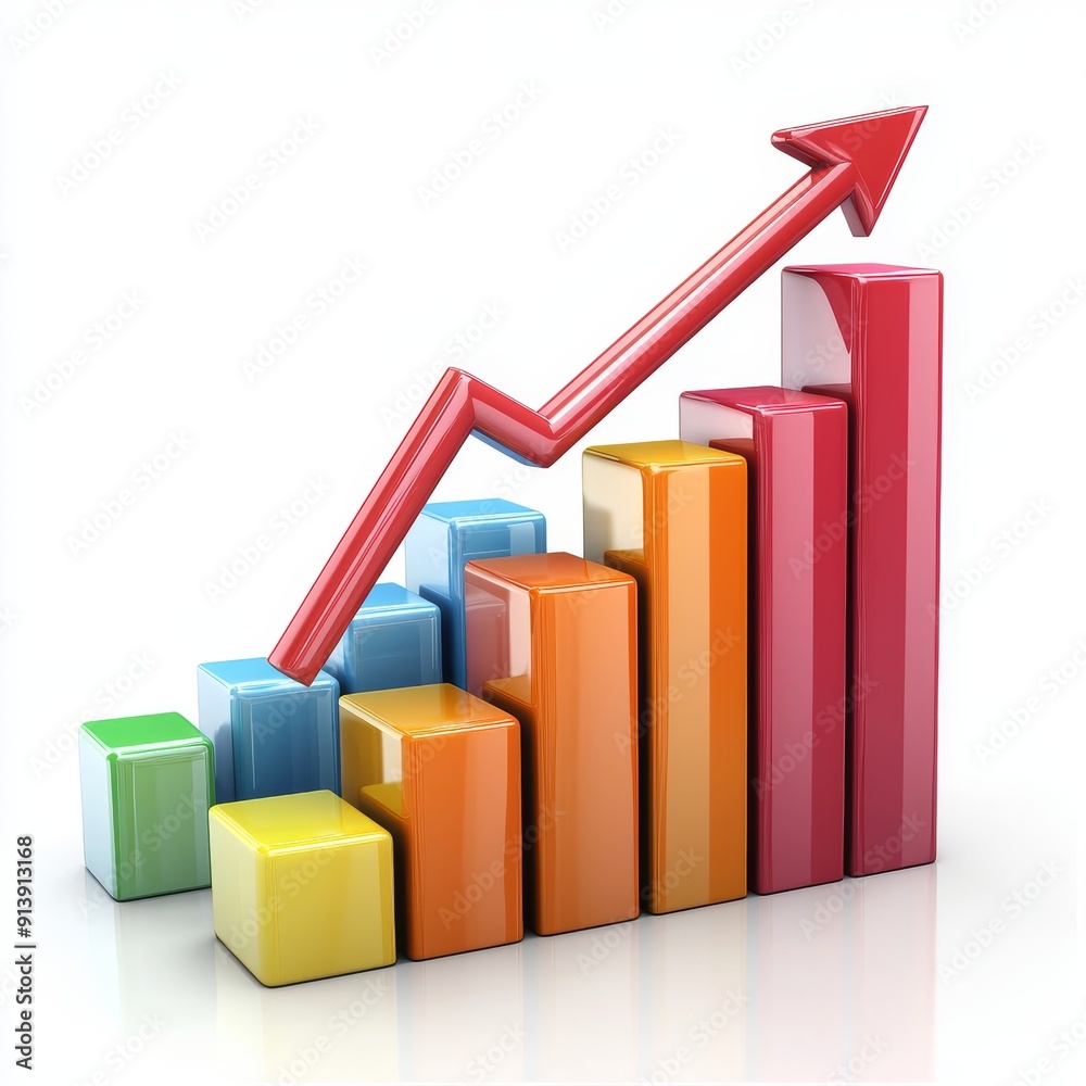 Colorful bar graph with an upward arrow depicting growth and success Colorful bar graph with an upward arrow depicting growth and success