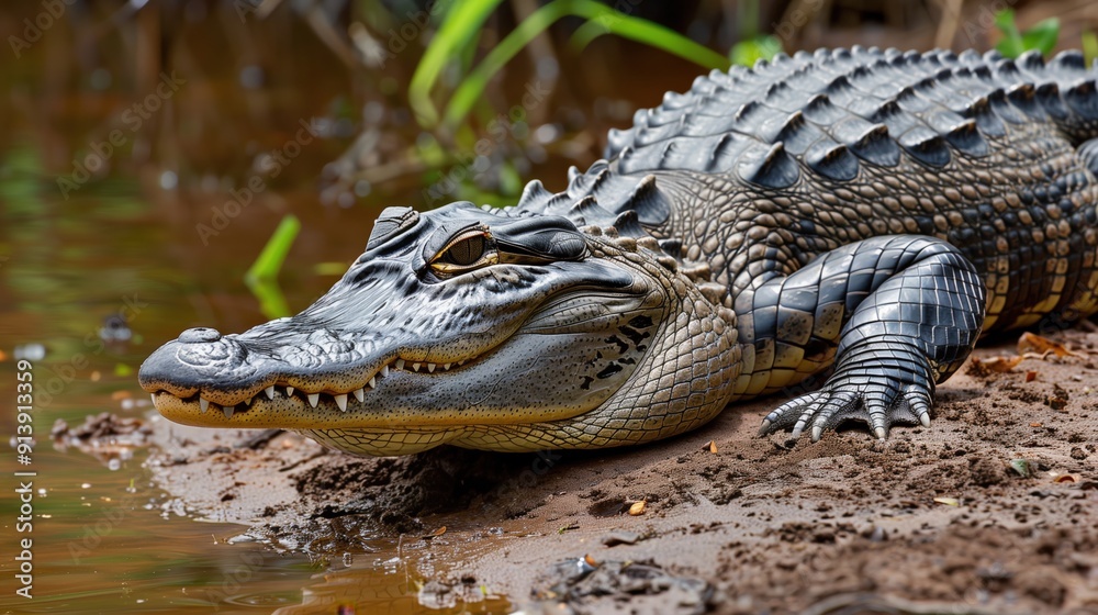 Close-up of an Alligator's Head and Body Resting on a Muddy Bank Close-up of an Alligator's Head and Body Resting on a Muddy Bank