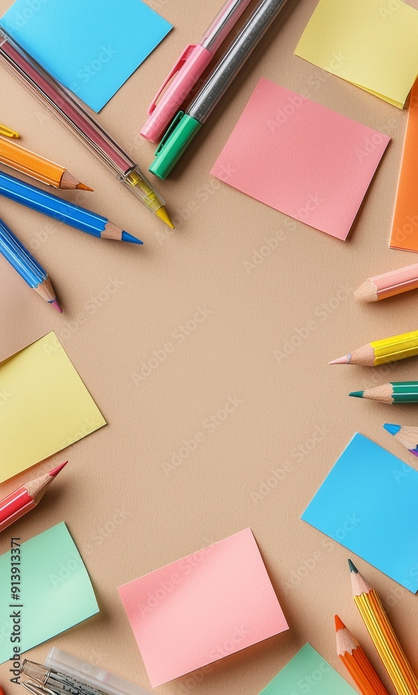 Colorful desk setup with sticky notes, pencils, and pens for organization and creativity Colorful desk setup with sticky notes, pencils, and pens for organization and creativity