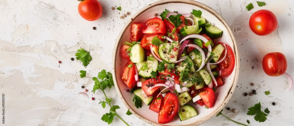 Fresh garden salad with ripe tomatoes, cucumbers, onions, and parsley in a bowl set against a rustic white background, ready to be enjoyed during a healthy meal. Fresh garden salad with ripe tomatoes, cucumbers, onions, and parsley in a bowl set against a rustic white background, ready to be enjoyed during a healthy meal.