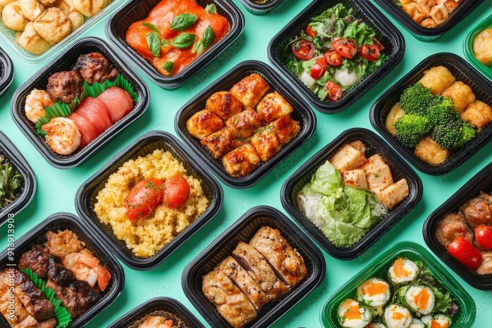Many containers with delicious food on color background , ai Many containers with delicious food on color background , ai