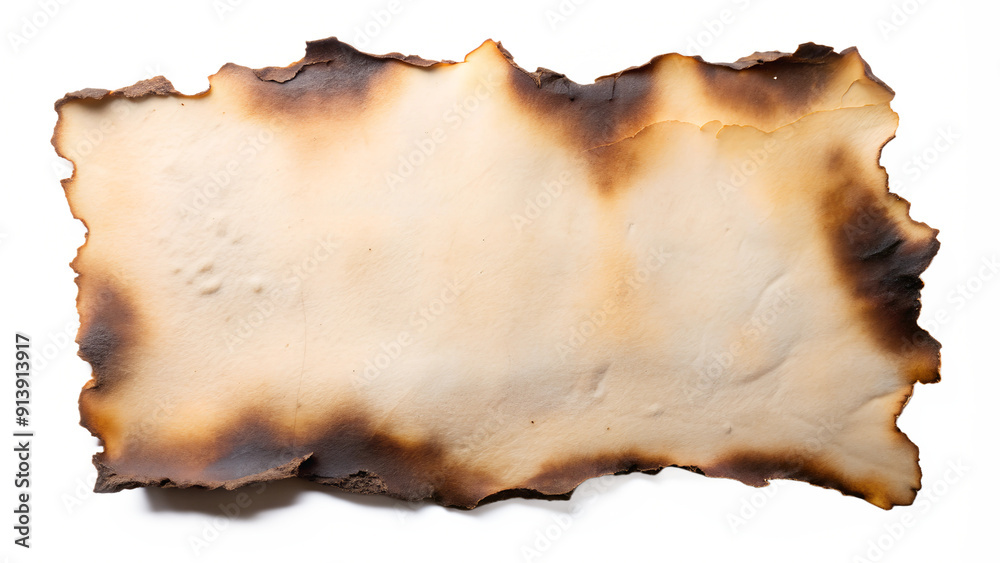 Obraz premium Old torn and burnt parchment paper on isolated background
