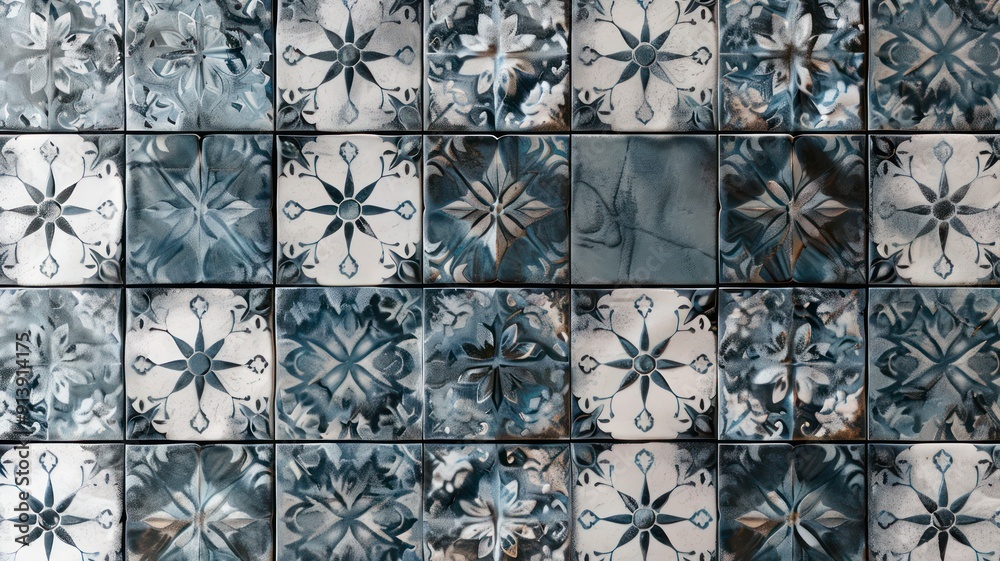 Surface of black and white retro ceramic tile with floral ornament. Surface of black and white retro ceramic tile with floral ornament.