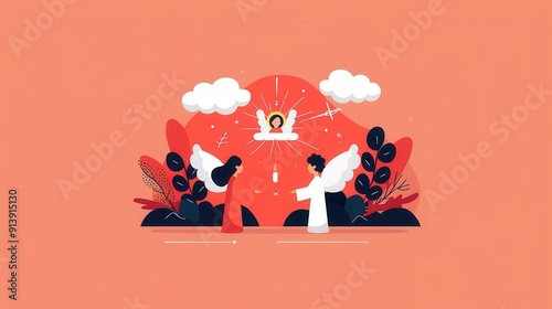 Angel announcing the birth of Jesus, heavenly scene, flat design illustration photo