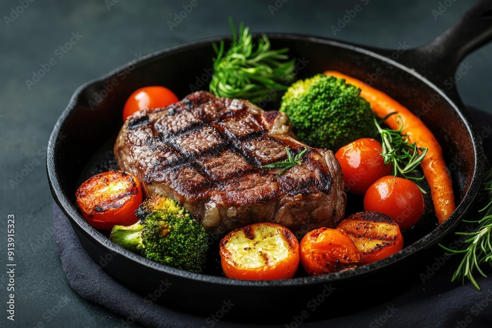 American food concept. Grilled beef steak with grilled vegetables, with carrots, cherry tomatoes, broccoli, in a cast iron pan. copy space , ai American food concept. Grilled beef steak with grilled vegetables, with carrots, cherry tomatoes, broccoli, in a cast iron pan. copy space , ai
