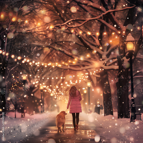 Back view of a young woman wearing a pink coat Walk your dog along the illuminated walkway at night.
