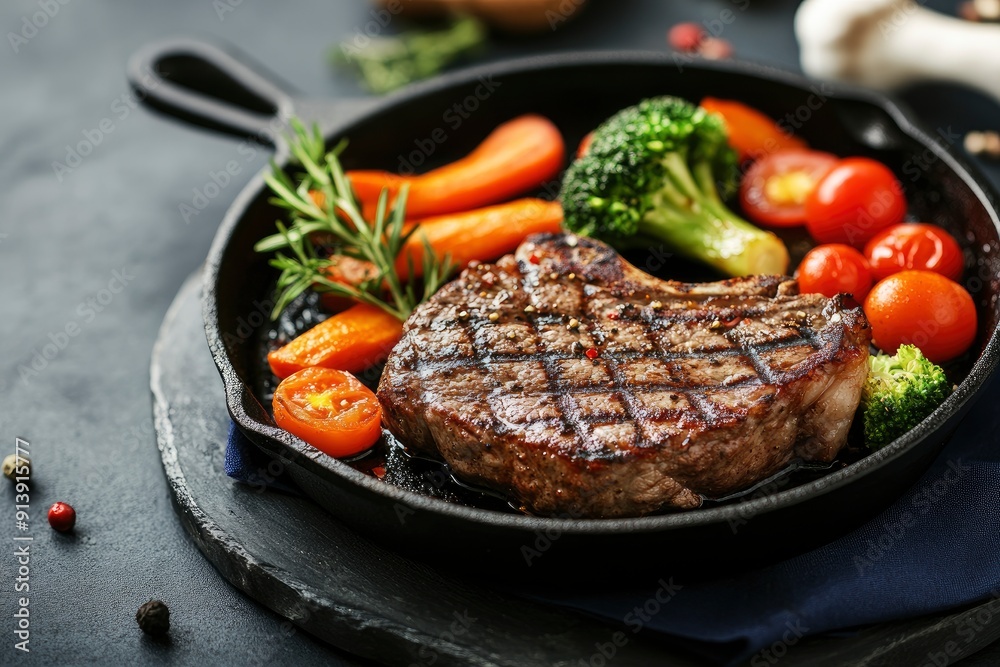 American food concept. Grilled beef steak with grilled vegetables, with carrots, cherry tomatoes, broccoli, in a cast iron pan. copy space , ai American food concept. Grilled beef steak with grilled vegetables, with carrots, cherry tomatoes, broccoli, in a cast iron pan. copy space , ai