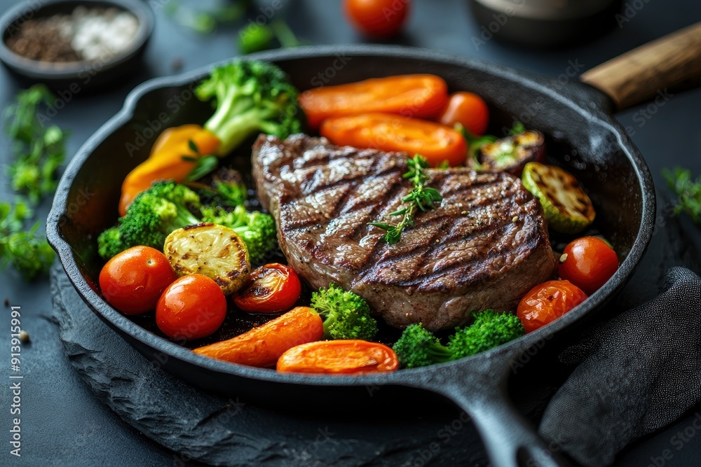 American food concept. Grilled beef steak with grilled vegetables, with carrots, cherry tomatoes, broccoli, in a cast iron pan. copy space , ai American food concept. Grilled beef steak with grilled vegetables, with carrots, cherry tomatoes, broccoli, in a cast iron pan. copy space , ai