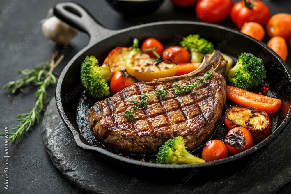 American food concept. Grilled beef steak with grilled vegetables, with carrots, cherry tomatoes, broccoli, in a cast iron pan. copy space , ai