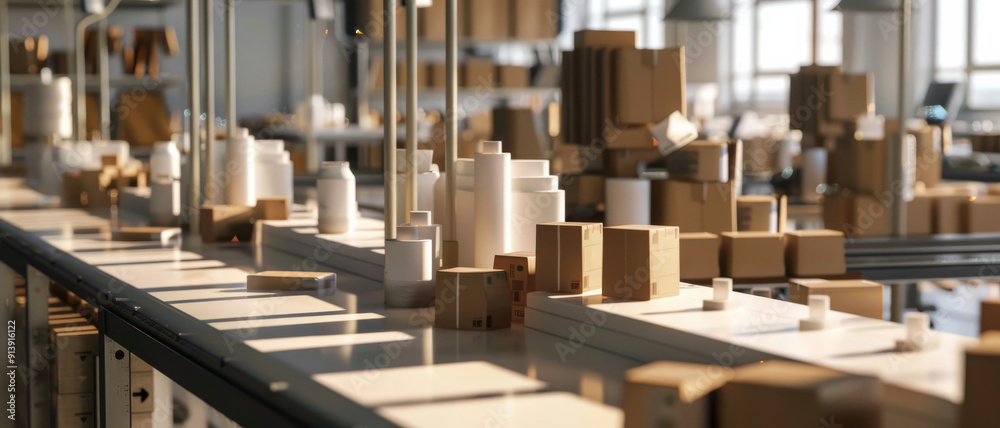 A busy modern factory with an automated production line, filled with various equipment and boxes, representing industrial efficiency and technology. A busy modern factory with an automated production line, filled with various equipment and boxes, representing industrial efficiency and technology.