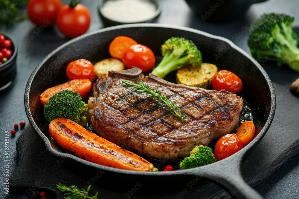 American food concept. Grilled beef steak with grilled vegetables, with carrots, cherry tomatoes, broccoli, in a cast iron pan. copy space , ai American food concept. Grilled beef steak with grilled vegetables, with carrots, cherry tomatoes, broccoli, in a cast iron pan. copy space , ai