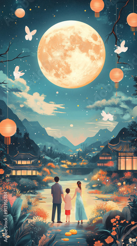 Design a promotional poster for a 'Mid-Autumn Festivities at Yingming Garden' event, with a modern artistic twist. Feature a full moon, a family gathering under moonlight, traditional elements 