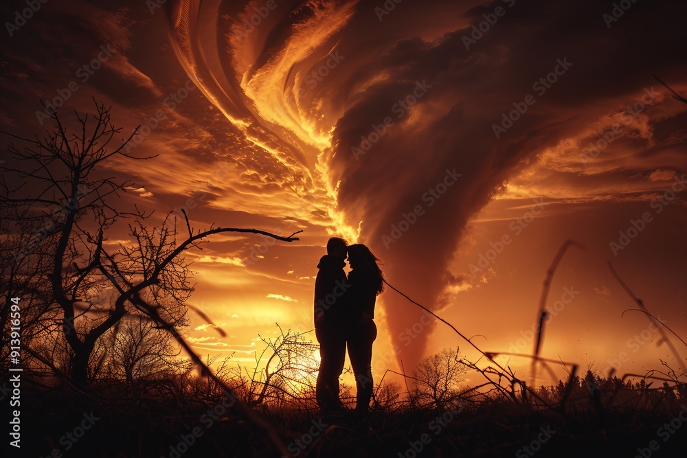 Obraz premium Scary storm day, person in danger under tsunami storm thunderstorm lightning, Generative AI