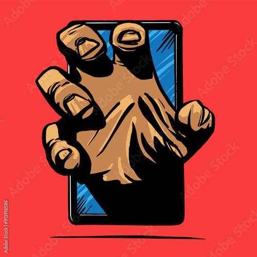 Ink and colour illustration of a hand reaching out of a phone attempting to grab the attention of the holder