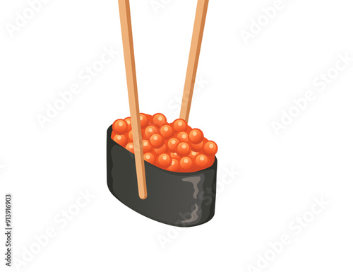 Ikura sushi piece with salmon roe held by chopsticks. Japanese cuisine promotions and restaurant menus. Delivery asian food service. Vector illustration isolated on white background photo