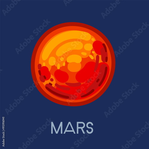 Bright Mars planet with title. Solar system planet with iconic red surface and craters. Perfect for educational content and astronomy. Vector illustration isolated on dark blue background