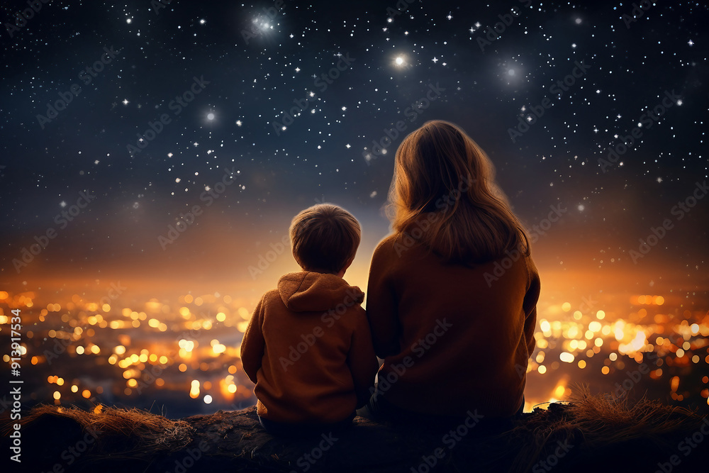 AI generated rear view photo of happy family time together looking sky AI generated rear view photo of happy family time together looking sky