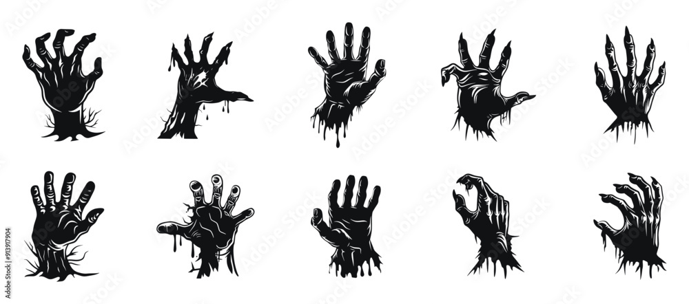 Zombie hands vector silhouette illustration. Set of zombie arms rising from the ground in black and white. Zombie hands vector silhouette illustration. Set of zombie arms rising from the ground in black and white.