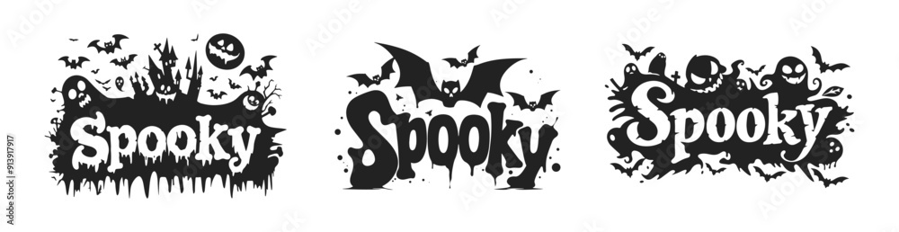 Spooky text vector cartoon illustration. Collection of various Halloween lettering surrounded by bats, ghosts, and haunted house with typography in black and white. Spooky text vector cartoon illustration. Collection of various Halloween lettering surrounded by bats, ghosts, and haunted house with typography in black and white.