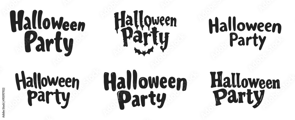 Halloween Party text vector cartoon illustration. Collection of various lettering designs typography with bat in black and white. Halloween Party text vector cartoon illustration. Collection of various lettering designs typography with bat in black and white.