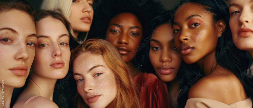 A diverse group of women stands closely together, each with a unique expression, showcasing beauty in unity and individuality. A diverse group of women stands closely together, each with a unique expression, showcasing beauty in unity and individuality.