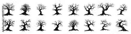 Haunted trees vector cartoon illustration. Collection of eerie, bare, and twisted scary tree in black and white.