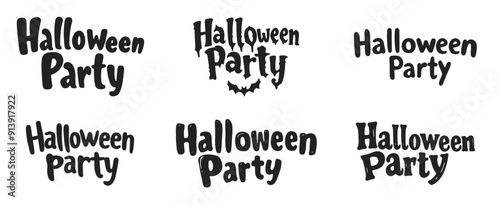 Halloween Party text vector cartoon illustration. Collection of various lettering designs typography with bat in black and white.