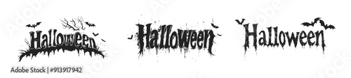 Halloween text vector cartoon illustration. Collection of various lettering designs typography with drippy and grunge effects in black and white.