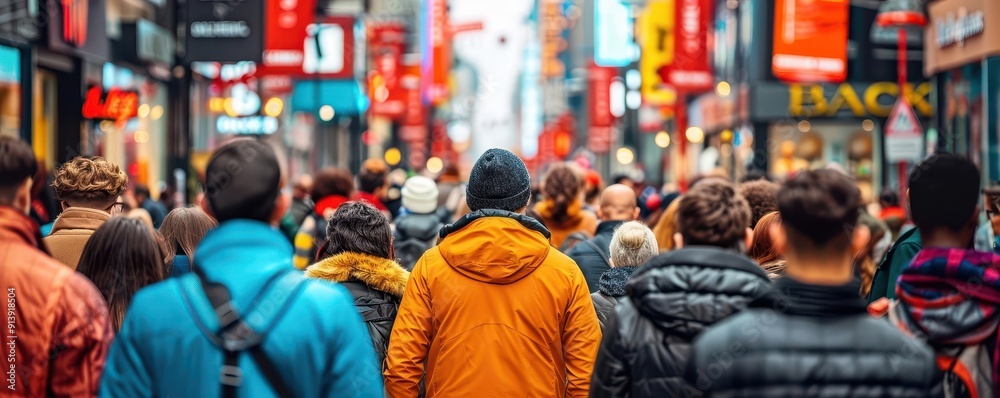 Crowds shopping under Black Friday banners, festive lights, modern style, bright colors, digital art, empty space on left for text