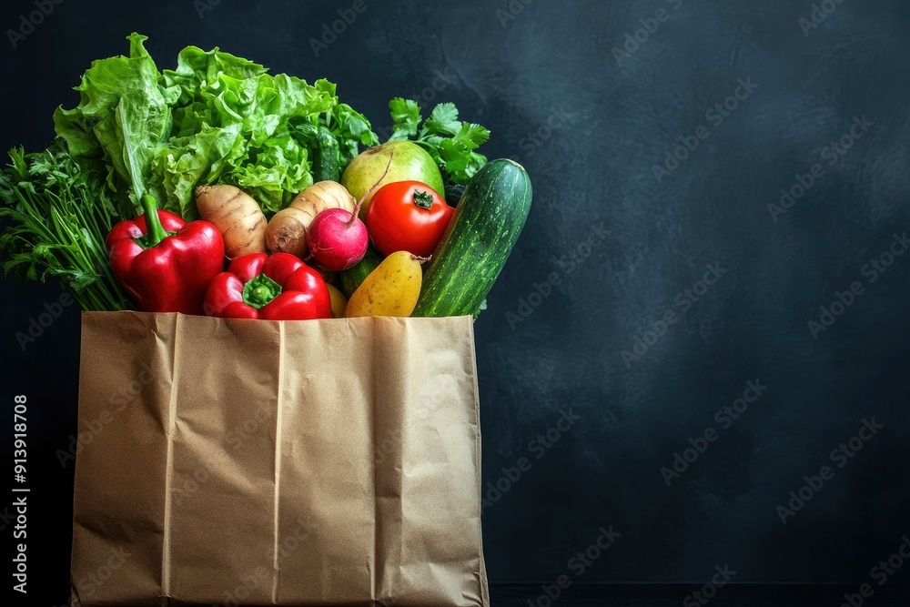 Healthy food in full paper bag of different products vegetables and fruits on dark background , ai Healthy food in full paper bag of different products vegetables and fruits on dark background , ai