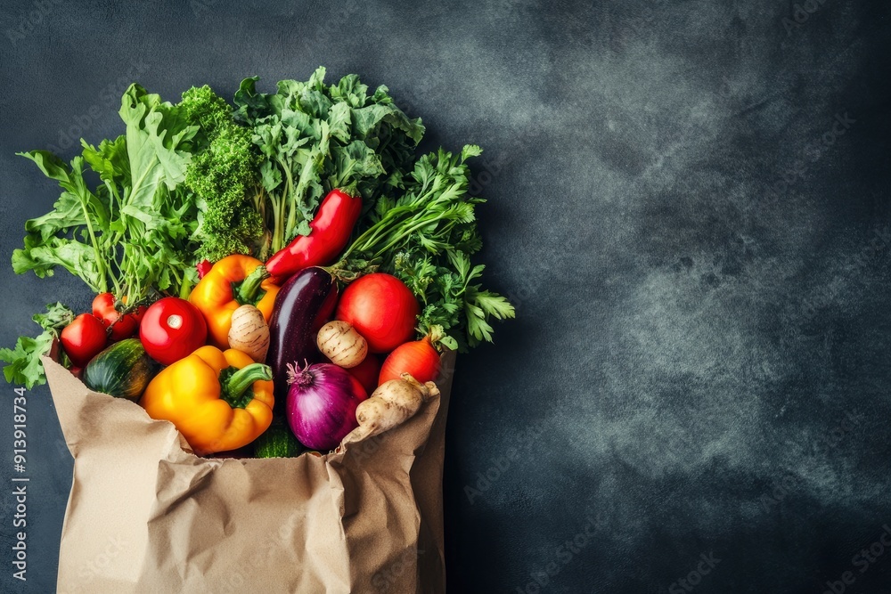 Healthy food in full paper bag of different products vegetables and fruits on dark background , ai Healthy food in full paper bag of different products vegetables and fruits on dark background , ai