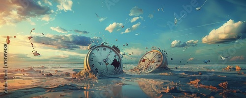 Surreal landscape with melting clocks and distorted objects, 4K hyperrealistic photo