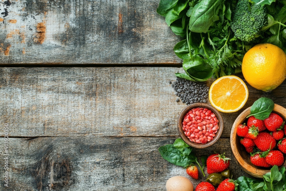 Selection of healthy food on rustic wooden background , ai Selection of healthy food on rustic wooden background , ai