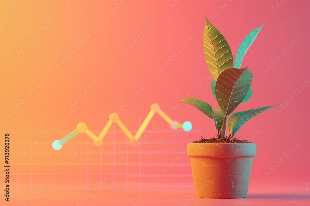 Obraz premium A plant is growing in a pot next to a graph with a downward trend