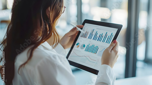 Female executive assistant using a tablet to show her boss a positive business report