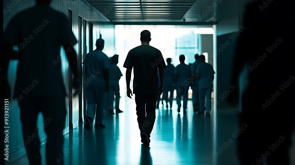 Fototapeta premium Purposeful healthcare worker in hospital corridor, surrounded by medical staff, conveying urgency and dedication