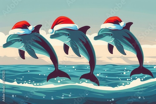 Dolphins with Santa hats, ocean Christmas, flat design illustration photo